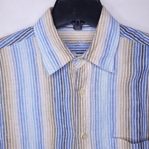 Alan Flusser Linen Shirt Mens Medium Striped Blue, Brown - Picture 1 of 12
